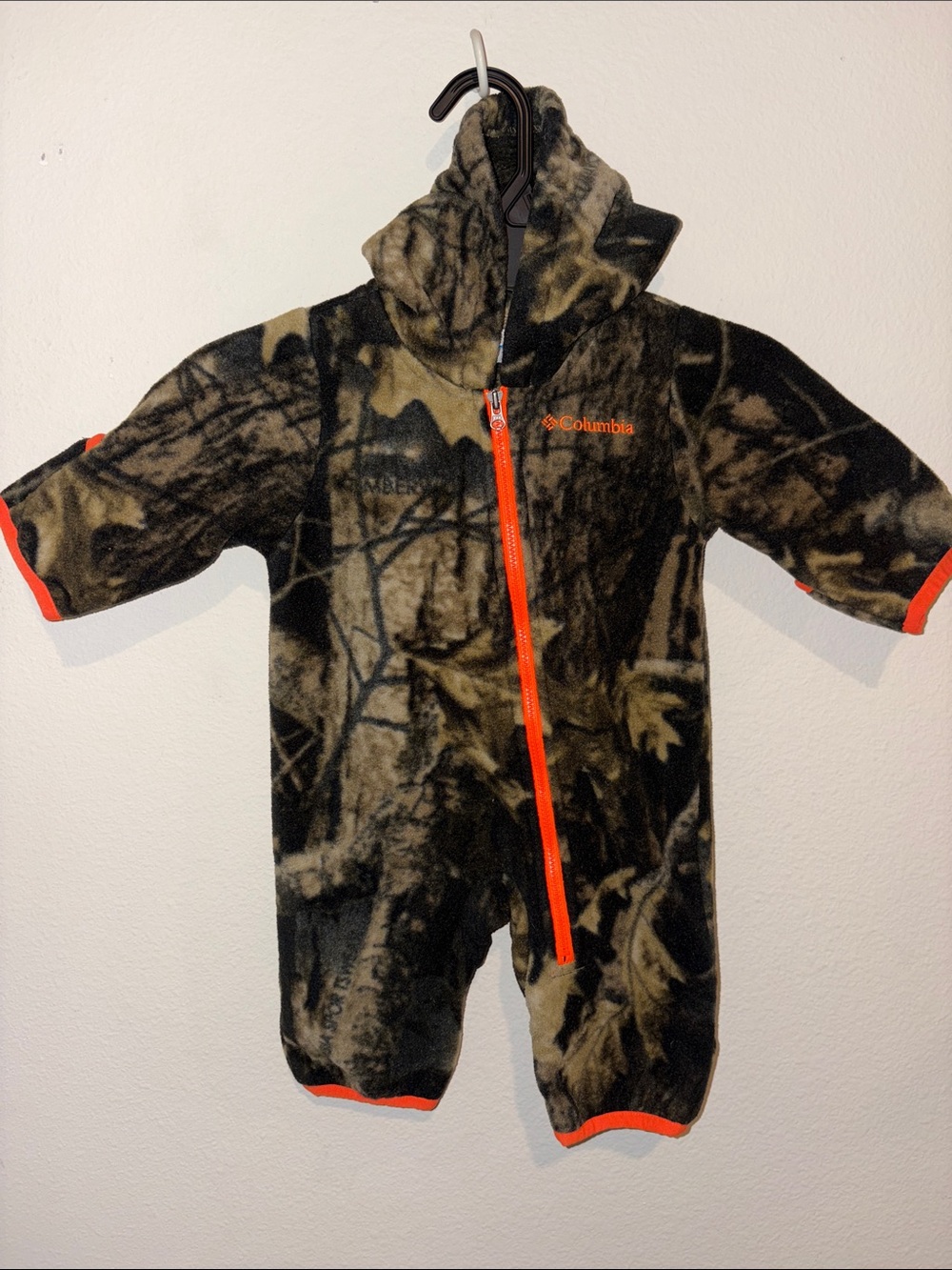 Columbia 0-3 Camo One-Piece with Orange Trim